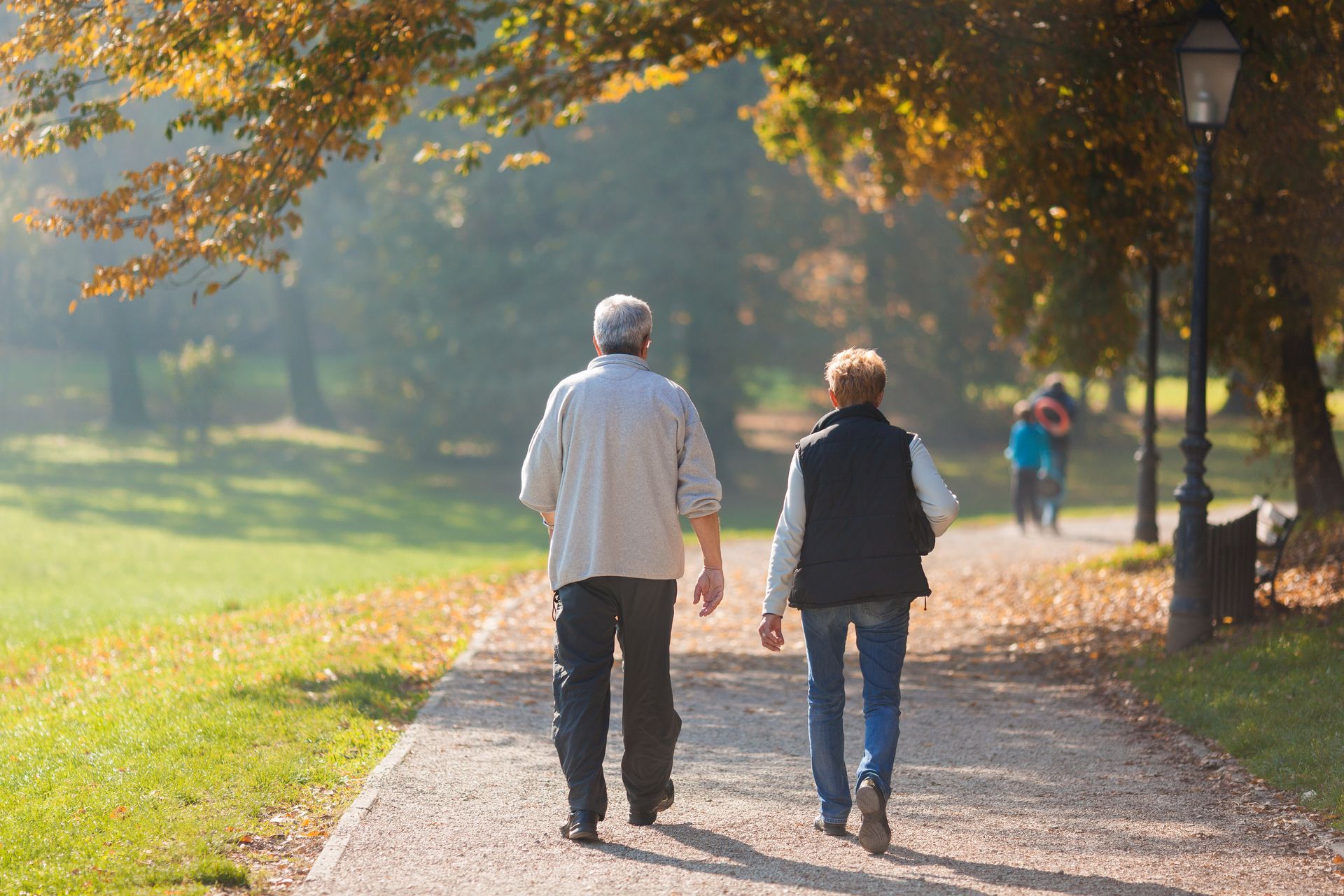 Two people walking away on a tree-lined park path in soft autumn light