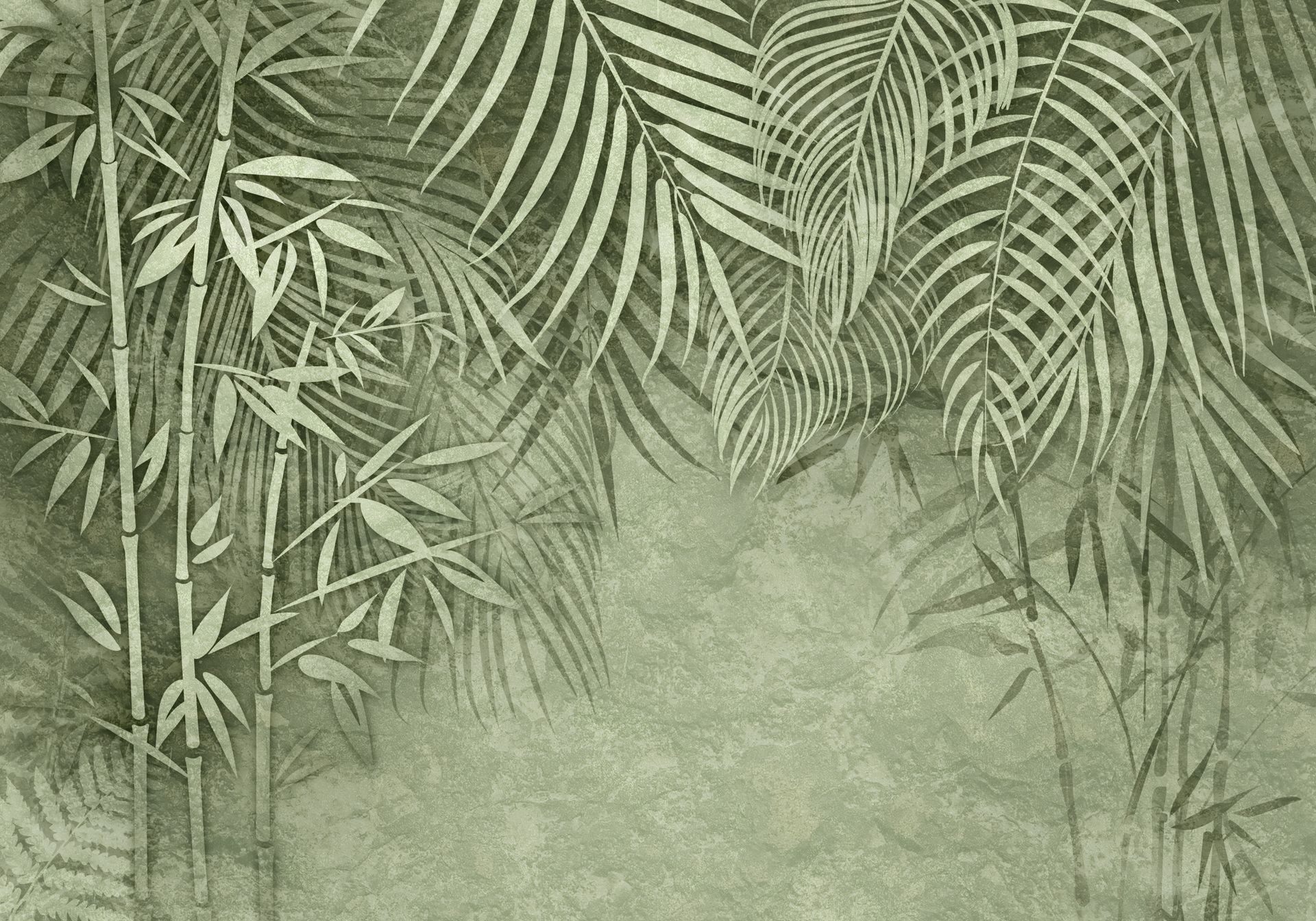 Muted green tropical leaves hanging over a textured background