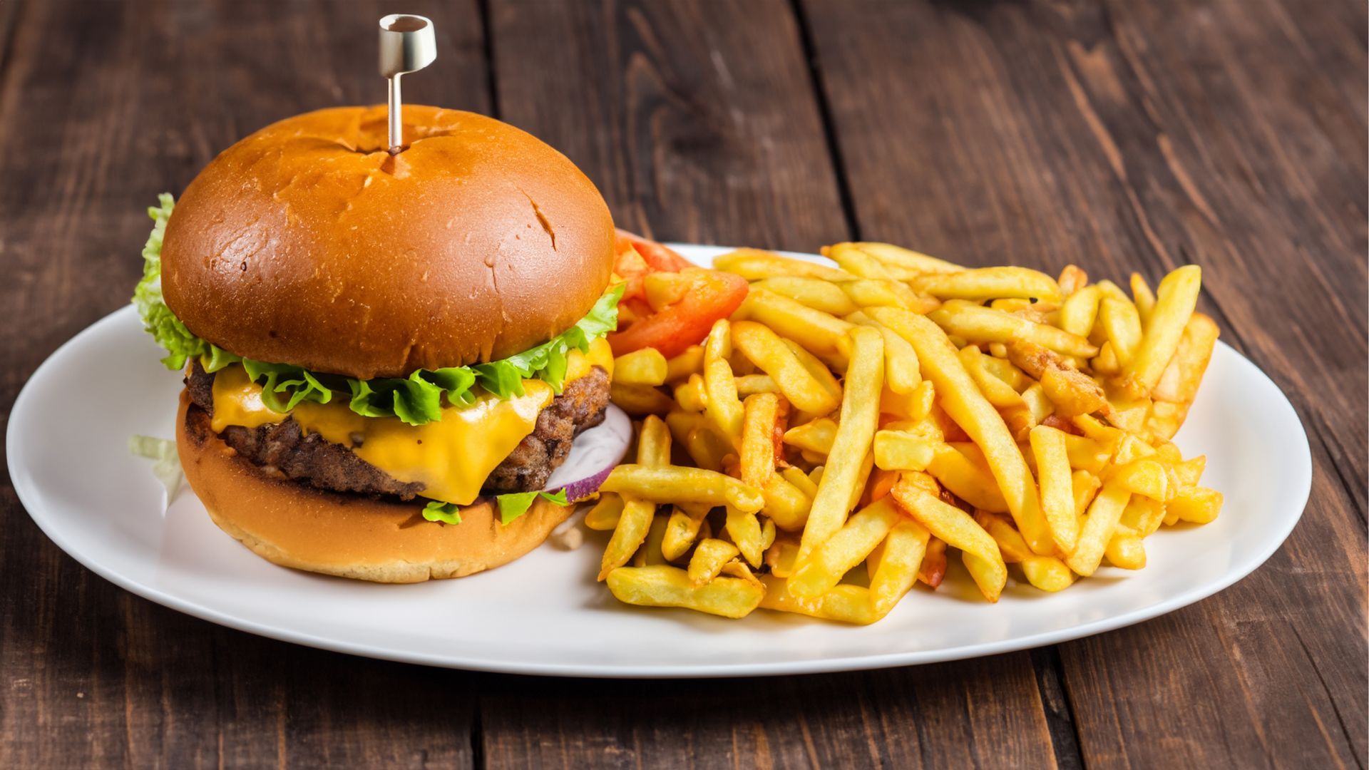 Burger and French fries on a white plate against a wooden table background.