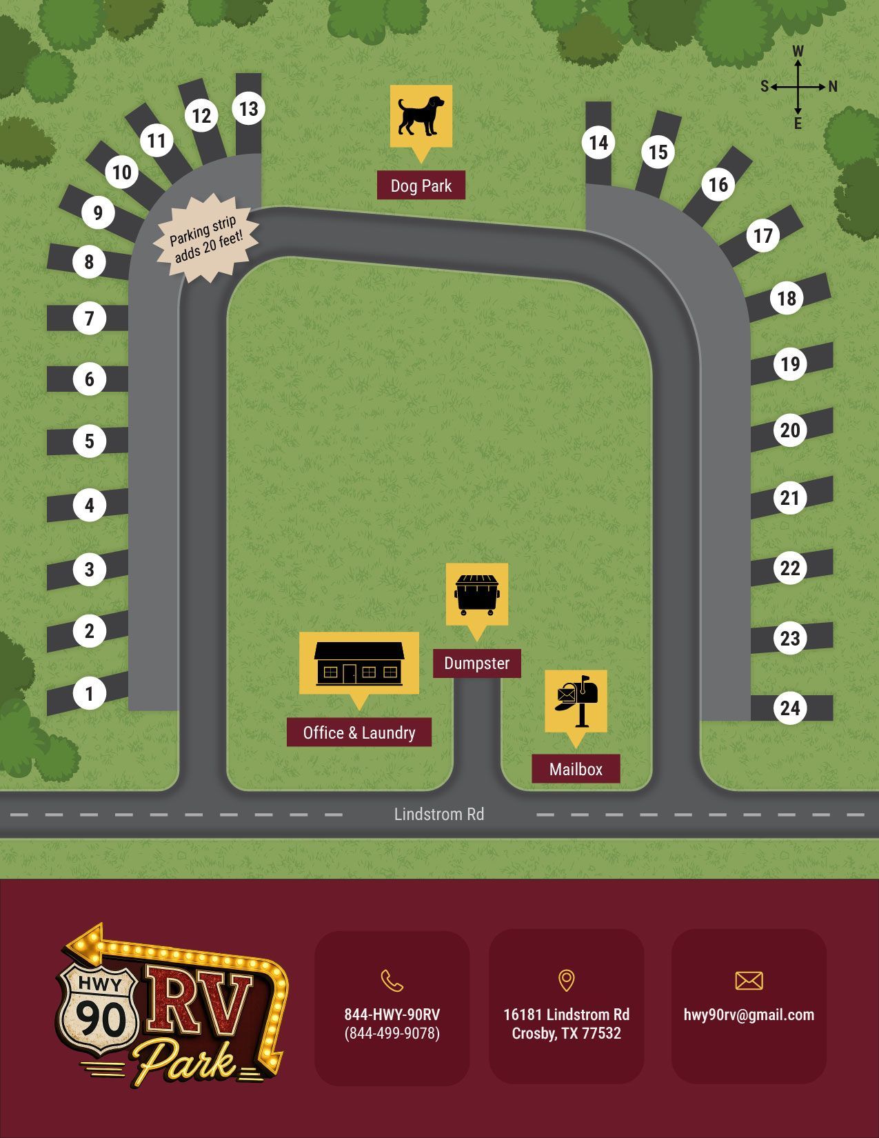 A top-down map of RV Park with numbered sites, roads, trees, and a central green area.