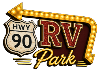 Hwy 90 RV Park sign with a glowing yellow arrow and red lettering