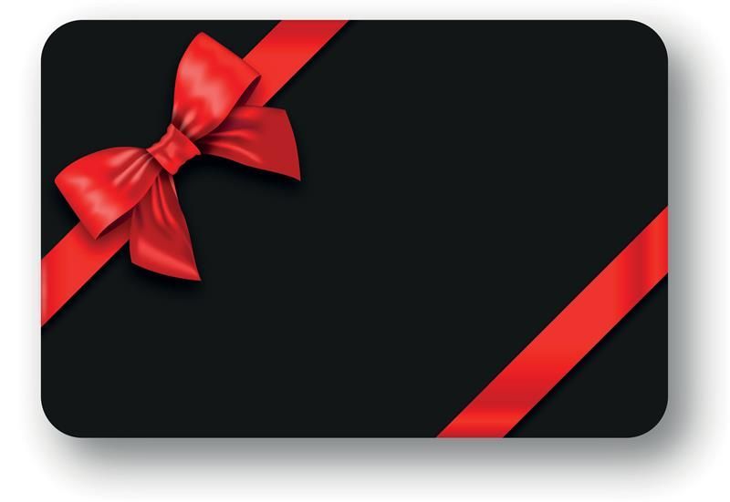 Black gift card with a red ribbon and bow, and red diagonal stripes on the corners