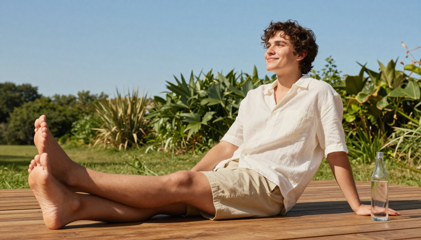 photorealistic person relaxing outdoors with feet up on a deck sunny summer day hydrated and happy lifestyle