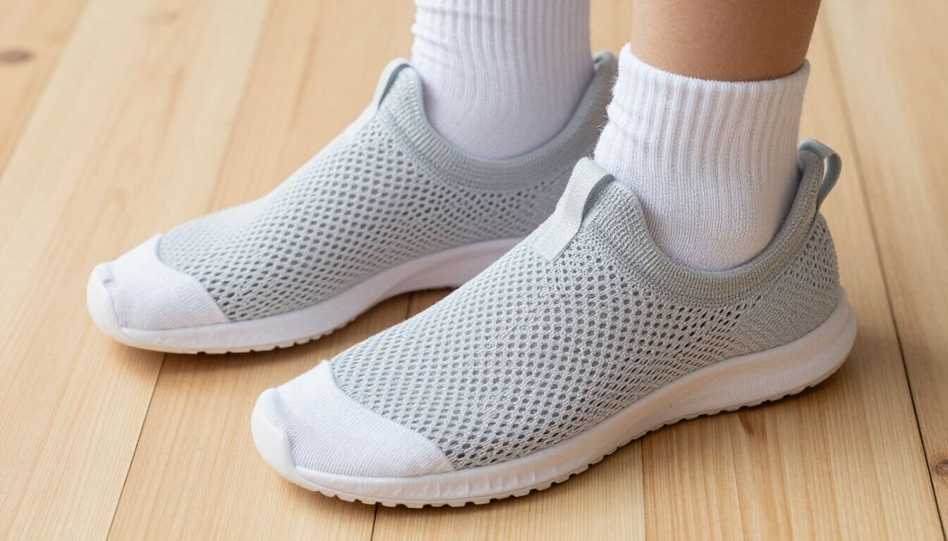 photorealistic close up of clean breathable athletic shoes and moisture wicking socks on a bright wooden floor