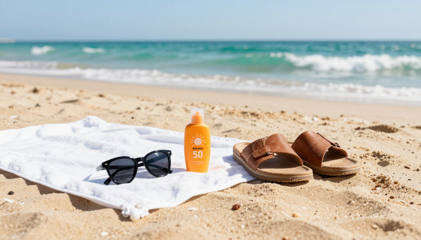 photorealistic vibrant beach scene with sunglasses sunscreen and sandals on a towel sunny vacation atmosphere