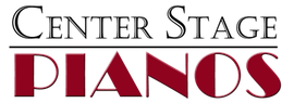 Center Stage Pianos logo in black and red text on a white background