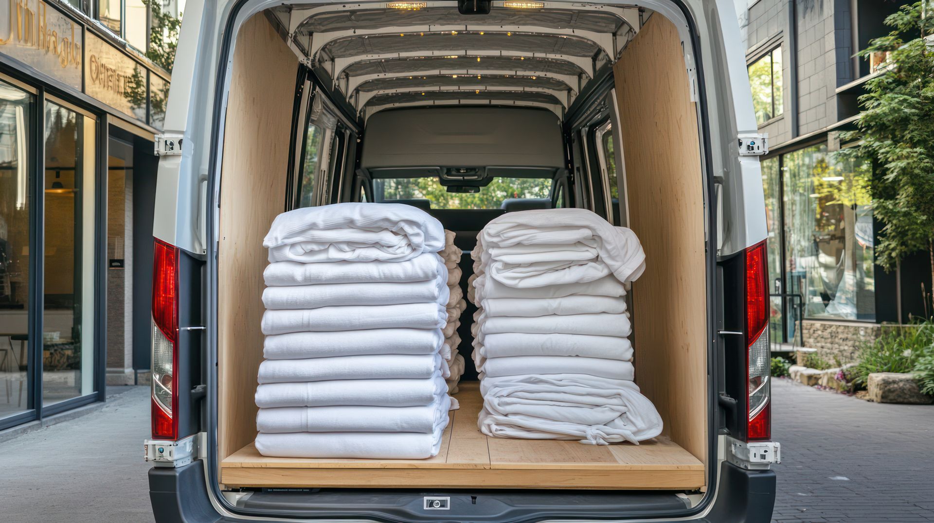 The back of a van is filled with stacks of towels.