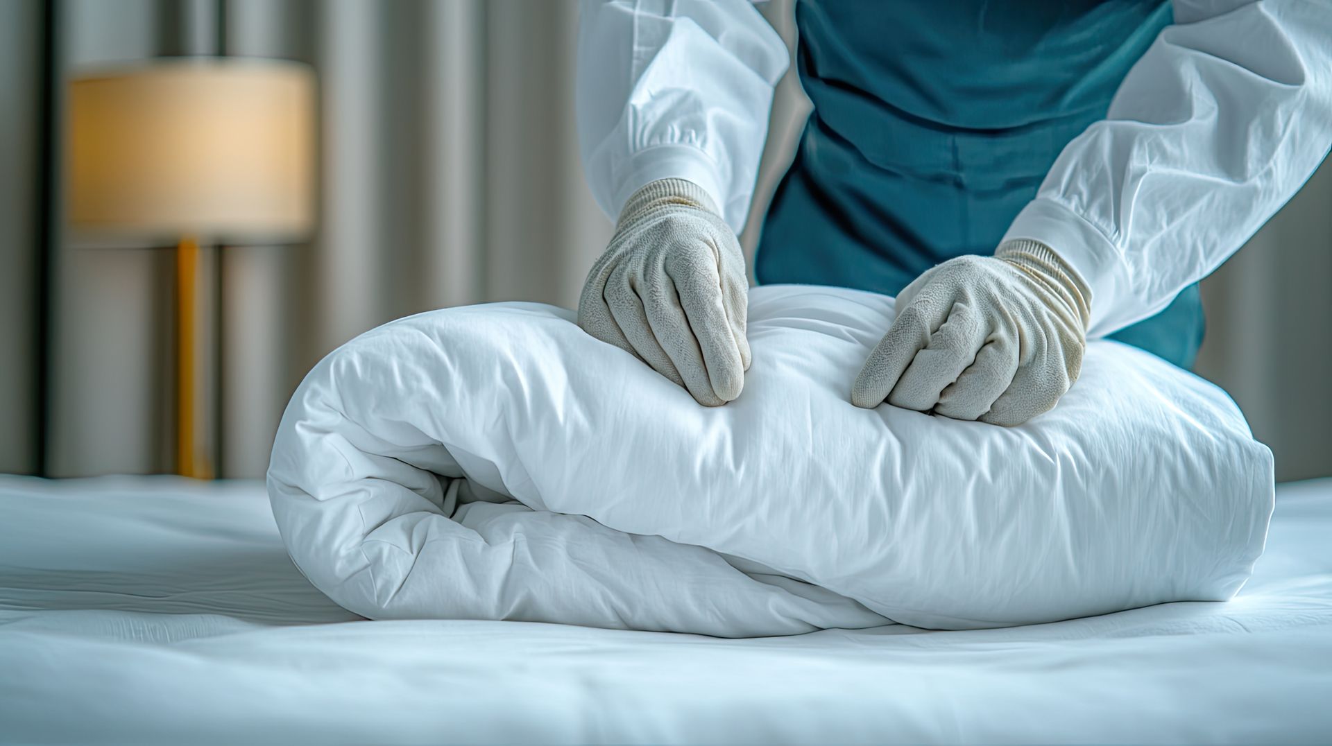 A maid is folding a blanket on a bed.