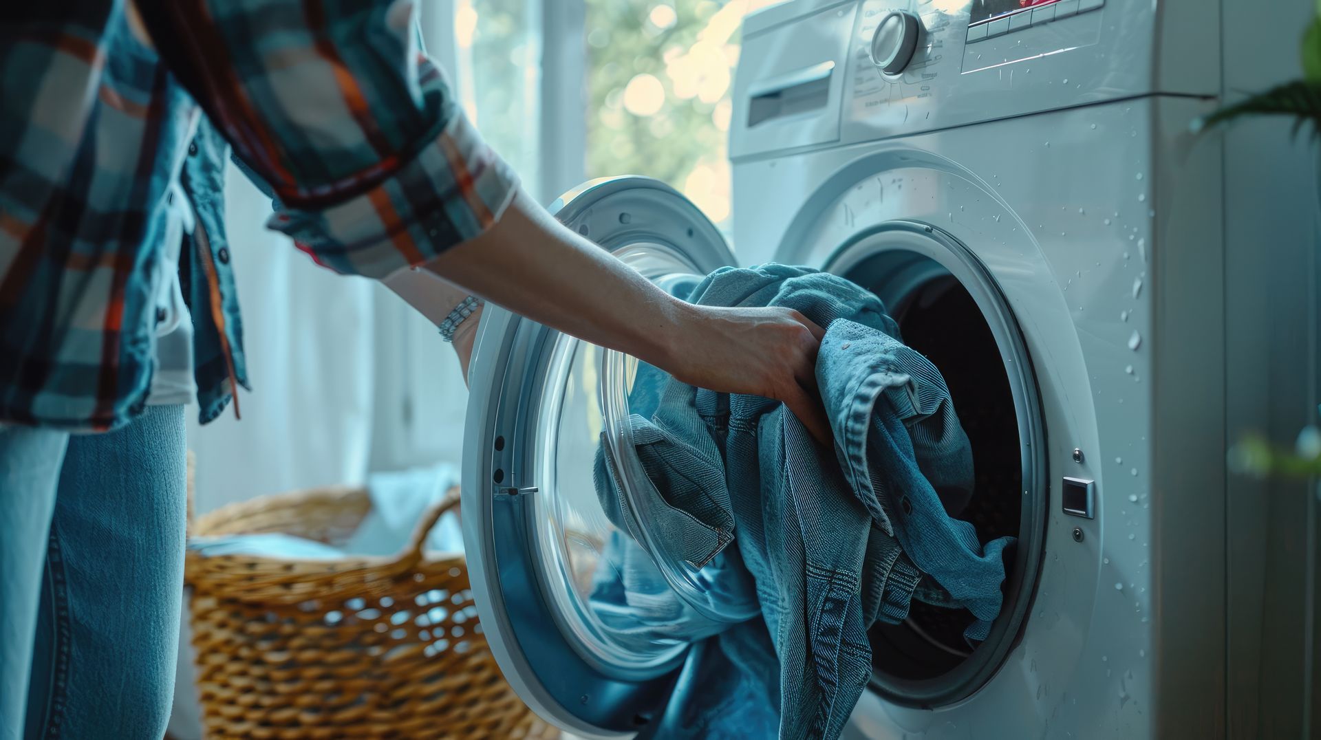 A woman is putting clothes in a washing machine.
