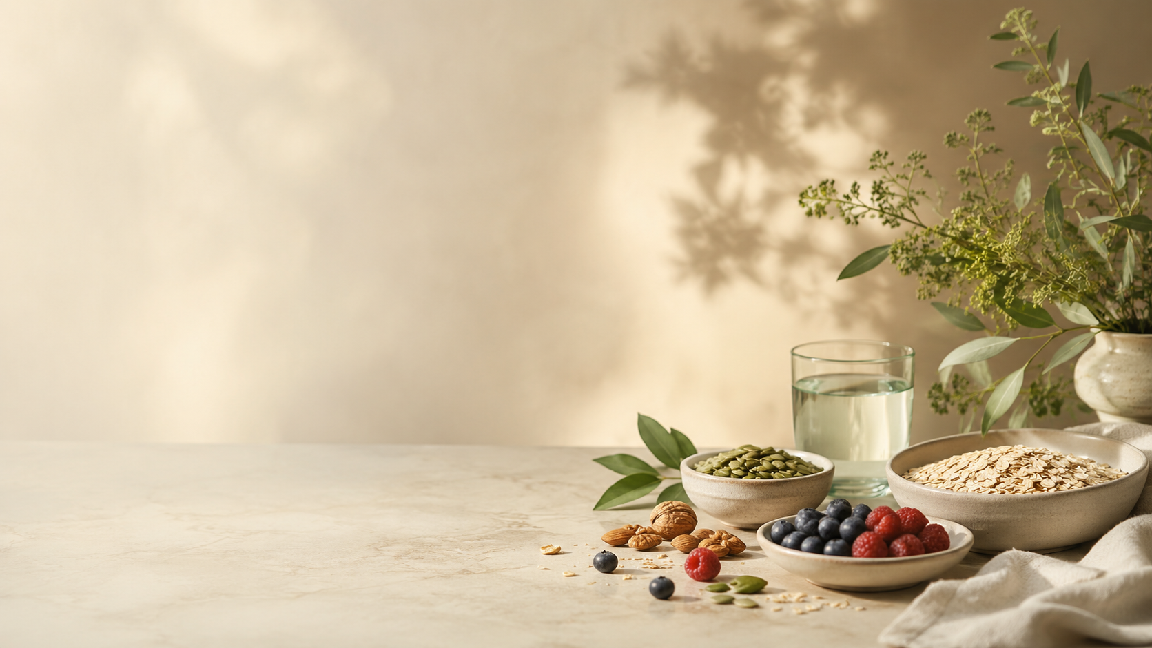 Verschiedene Obstsorten und Frühstücksschalen auf einer hellen Tischplatte neben einem Glas Saft und belaubten Zweigen