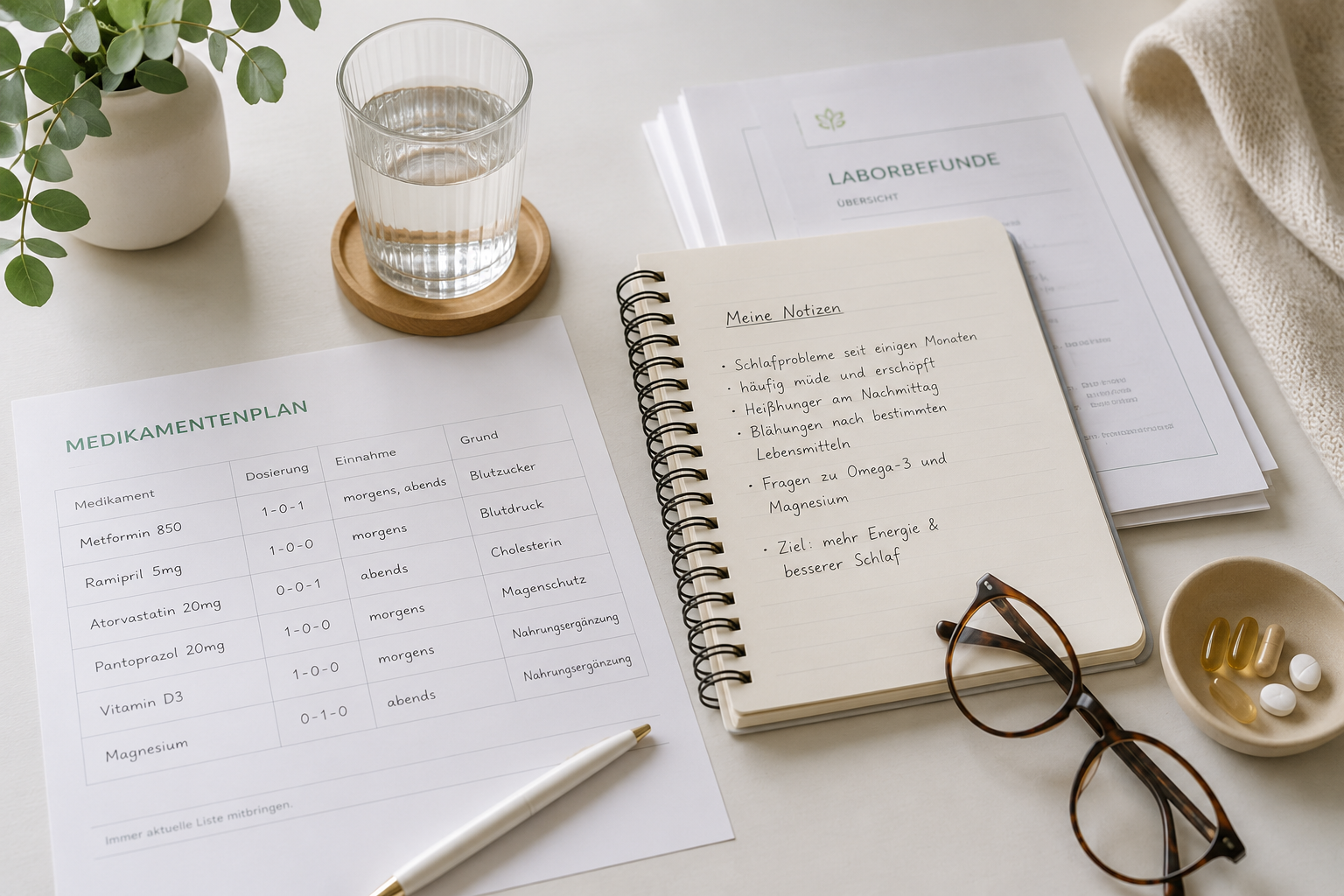 Minimalistischer Schreibtischarbeitsplatz mit Papieren, Notizbuch, Brille, Stift und Wasserglas auf einer weißen Oberfläche