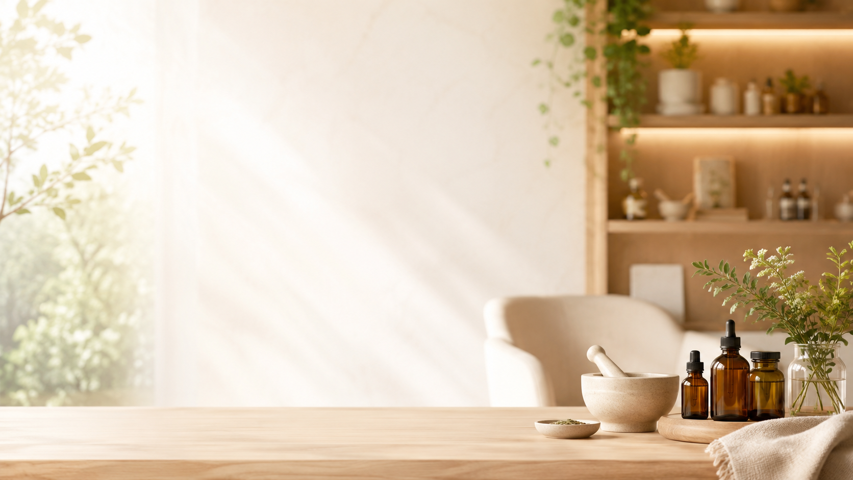 Sonnendurchflutete Holztheke mit Gläsern und Schalen in einer warmen, minimalistischen Küchen- oder Spa-Atmosphäre