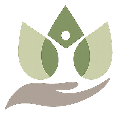 Ein grünes Blattlogo über einer grauen Hand symbolisiert Sorgfalt und Nachhaltigkeit.
