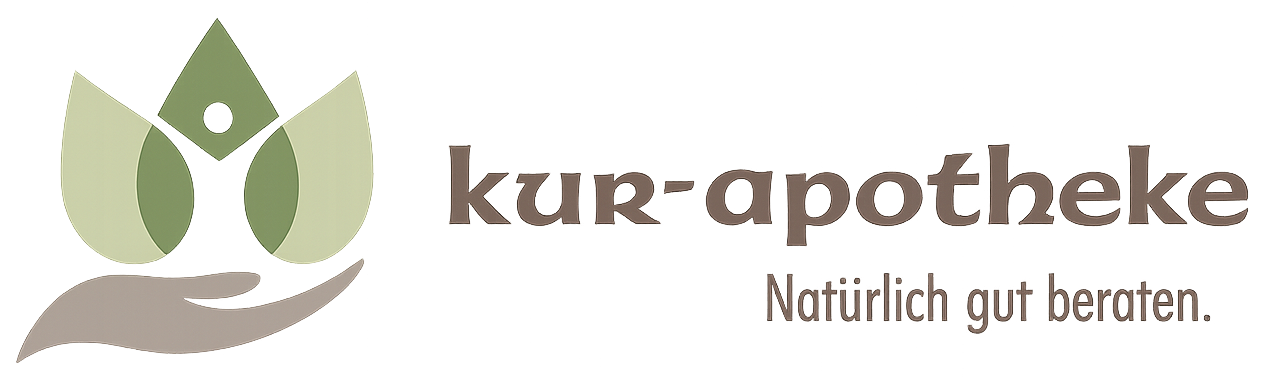 Kur-Apotheke logo with green leaf and hand icon, brown text, and tagline “Natürlich gut beraten.”