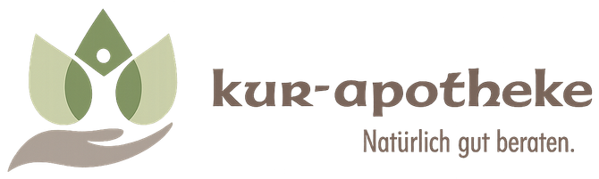 Kur-Apotheke logo with green leaf and hand icon, brown text, and tagline “Natürlich gut beraten.”