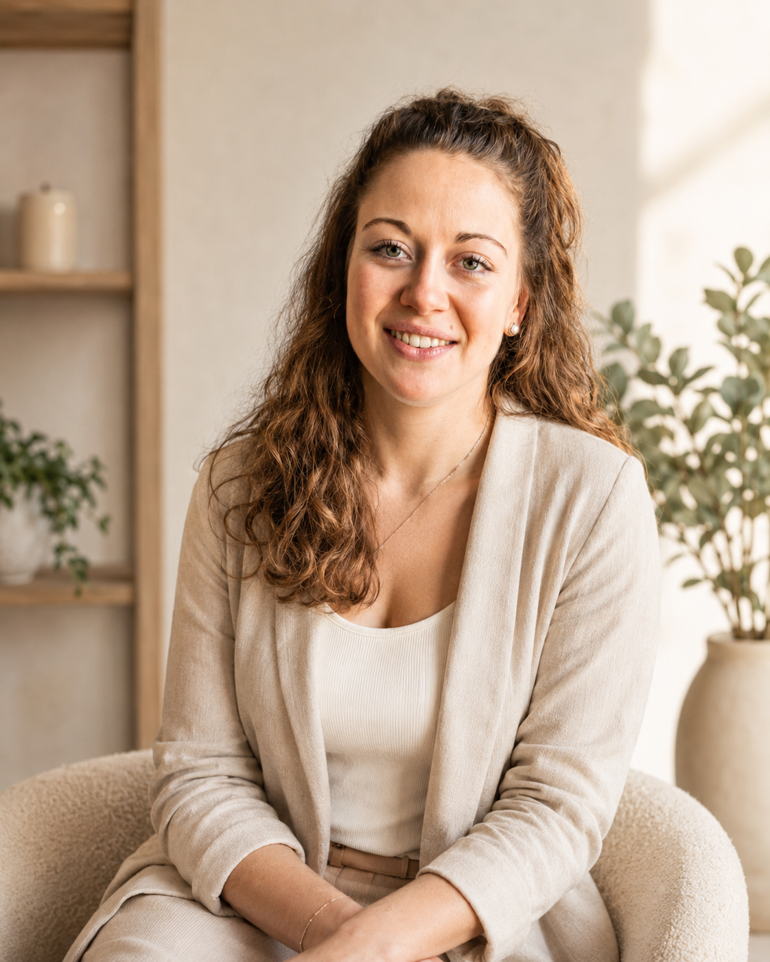 Eine lächelnde Frau sitzt in einem beigen Stuhl in einem hellen Raum; im Hintergrund sind eine Pflanze und Regale zu sehen.