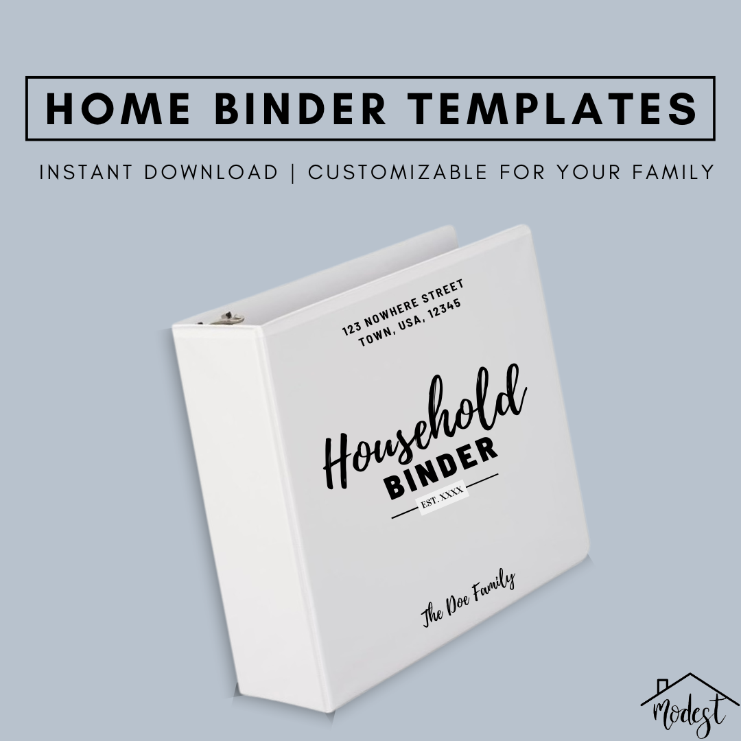 White binder labeled "Household Binder" with home binder templates.
