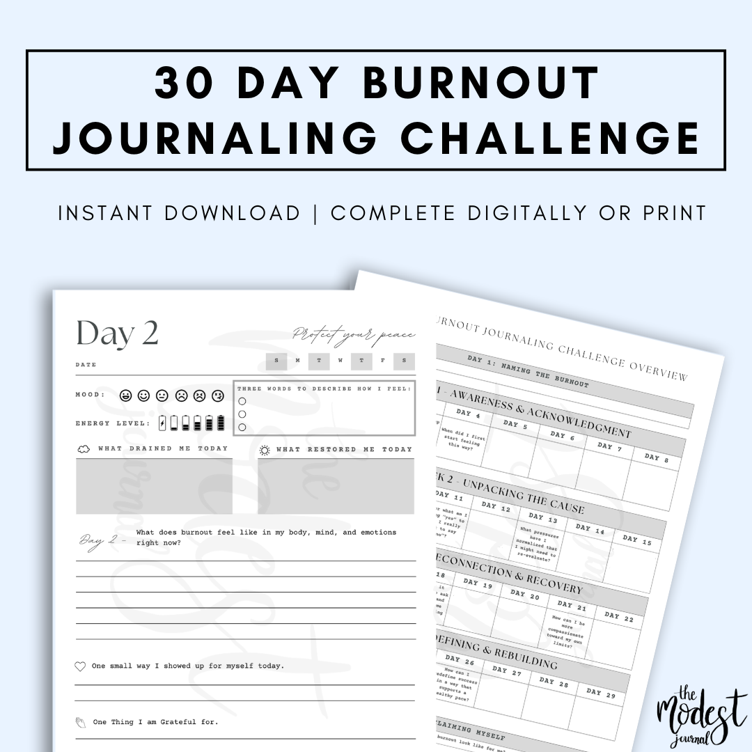 "30-day burnout journaling challenge with printable and digital templates. Day 2 page with prompts and calendar view."