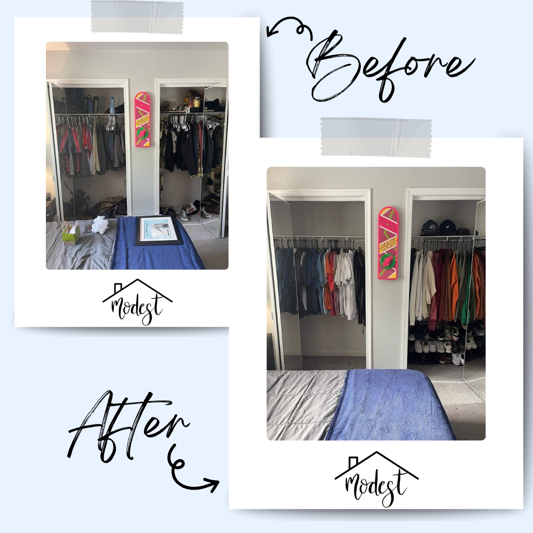 Before-and-after of a closet organization. Two closets with clothes hanging, a skateboard, and bed are shown.
