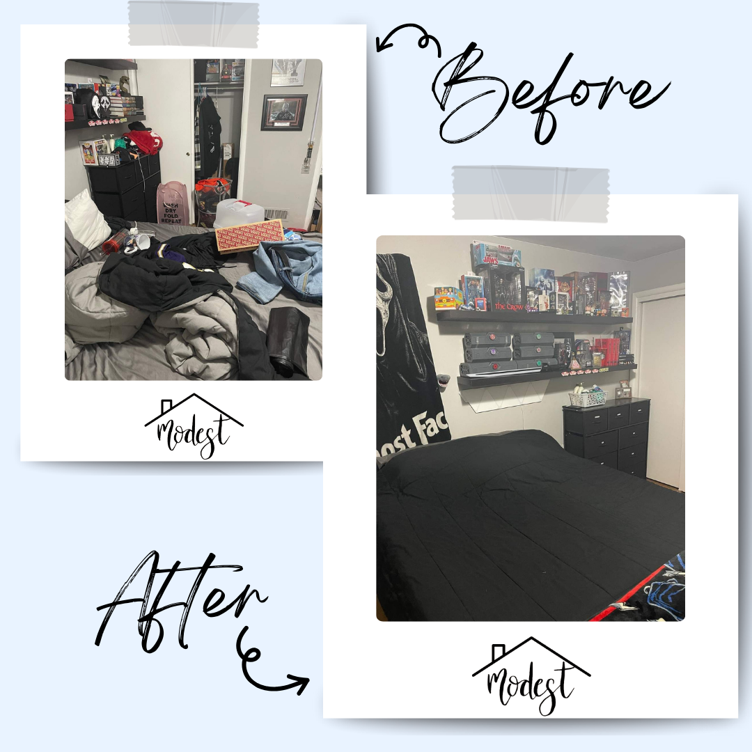Room before and after: Cluttered bed and shelves, versus organized bed and shelves with items.