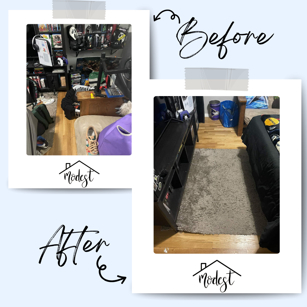 Before and after photos of a room: cluttered shelves to a tidy space with a rug and television.