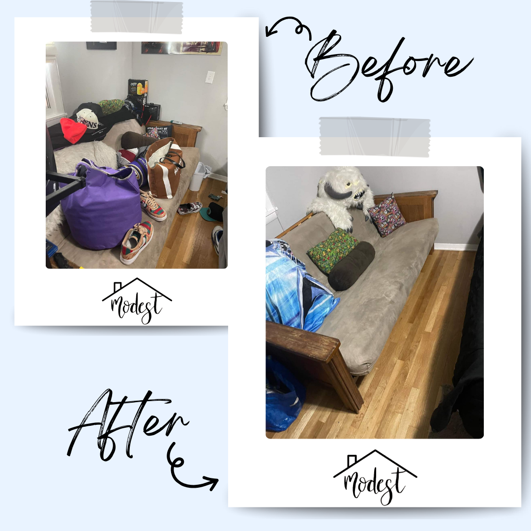 Before-and-after of a room. Cluttered space transforms into a clean room with a futon and pillows.