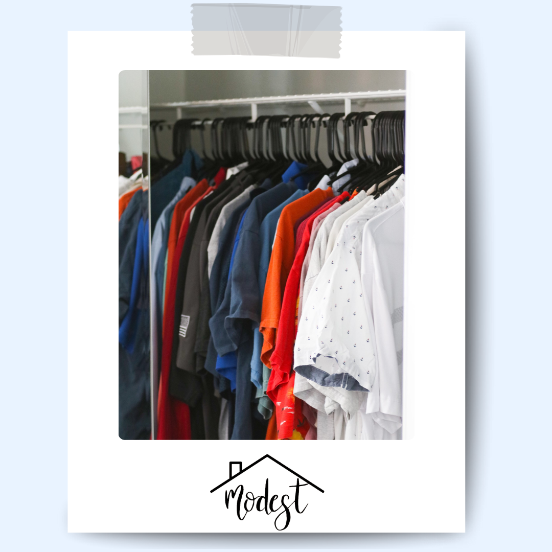 Clothes hanging in a closet. Primarily shirts in various colors.