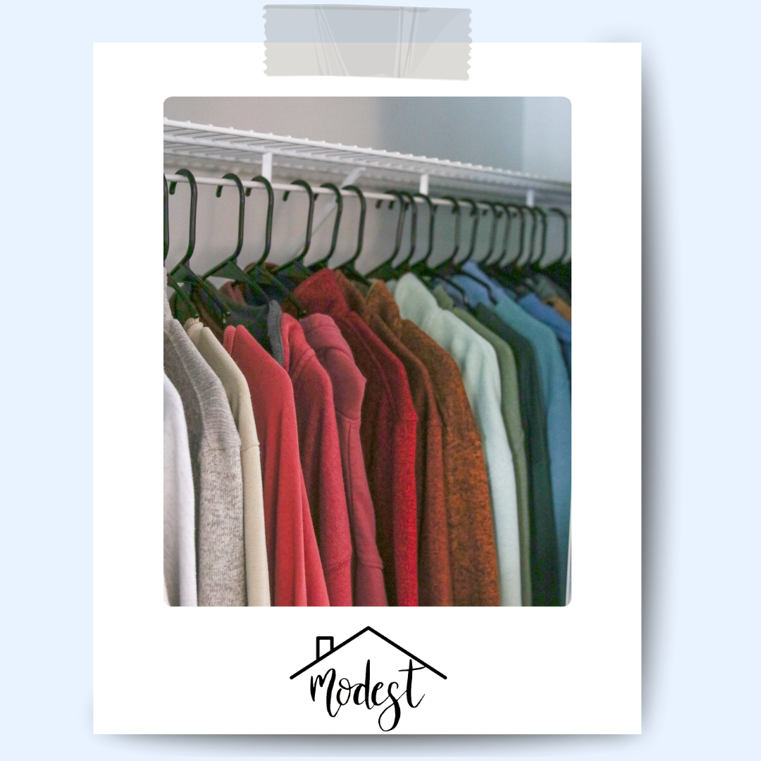 Clothes hanging in a closet, organized by color, on black hangers.