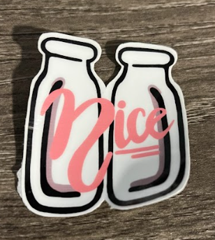 Two white milk bottles with pink "Nice" script.