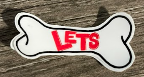 White dog bone shape with "LETS" in red text and black outline.