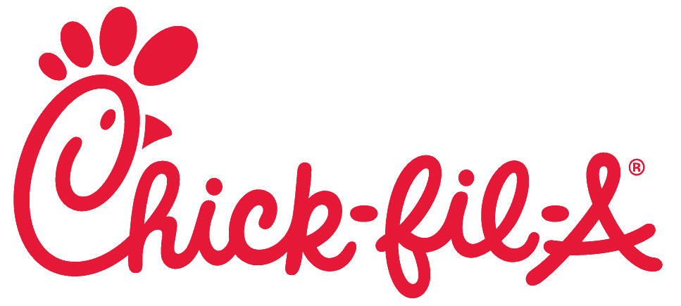 The chick-fil-a logo is red and white and has a paw print on it.