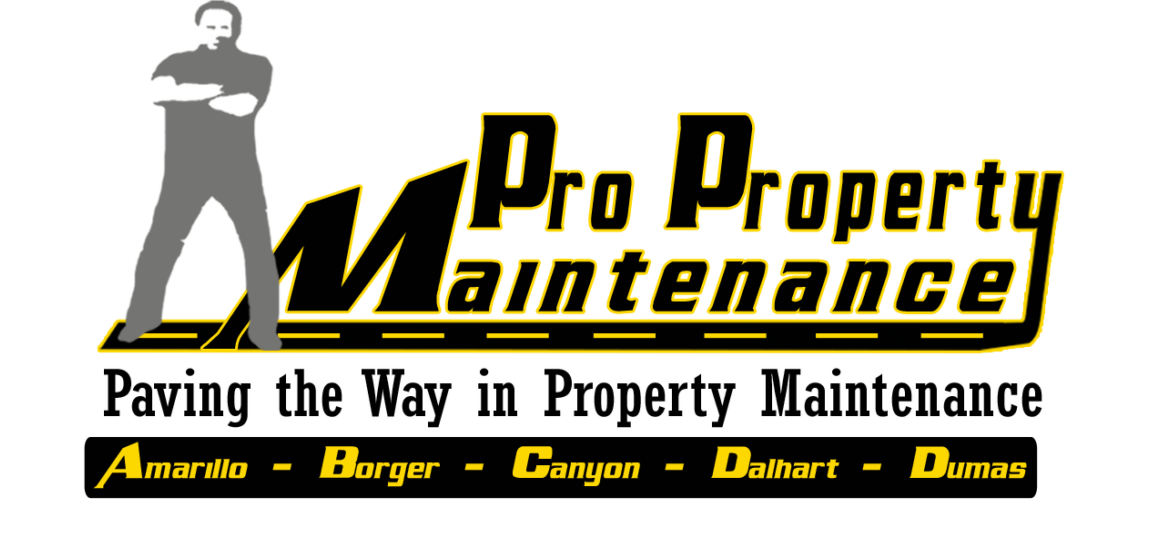 Black and gold Pro Property Maintenance logo with a worker silhouette and the slogan “Paving the Way in Property Maintenance.”