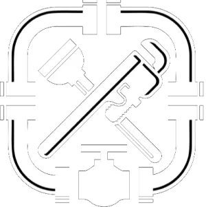 A black and white drawing of a wrench and a plunger in a square.