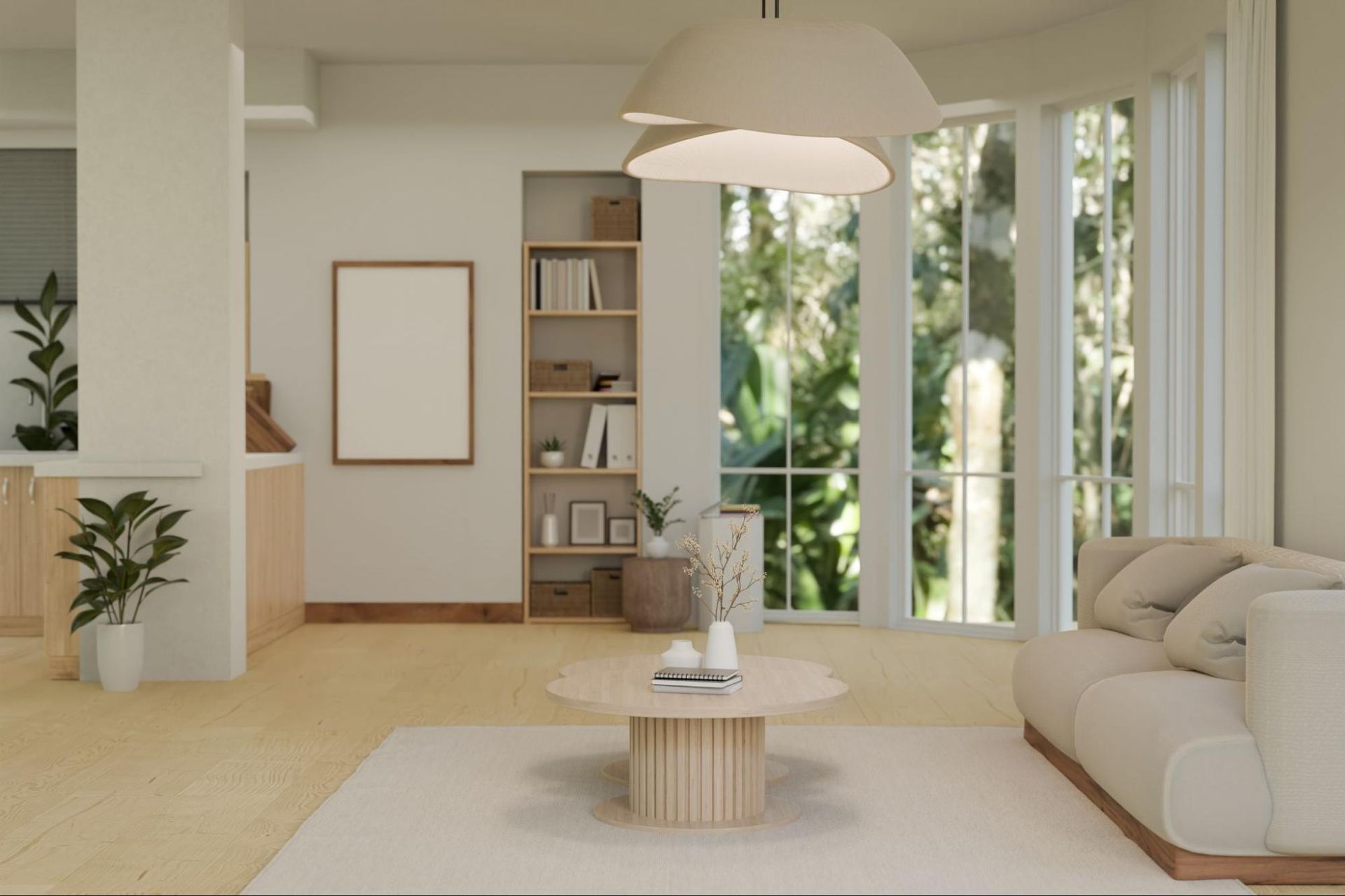 A living room with a couch and a coffee table.