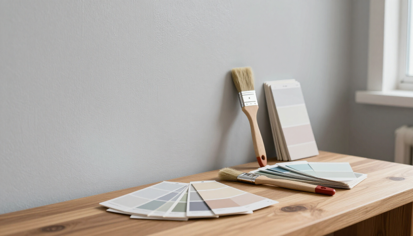 Paintbrushes and color sample swatches resting on a wooden surface against a grey wall.