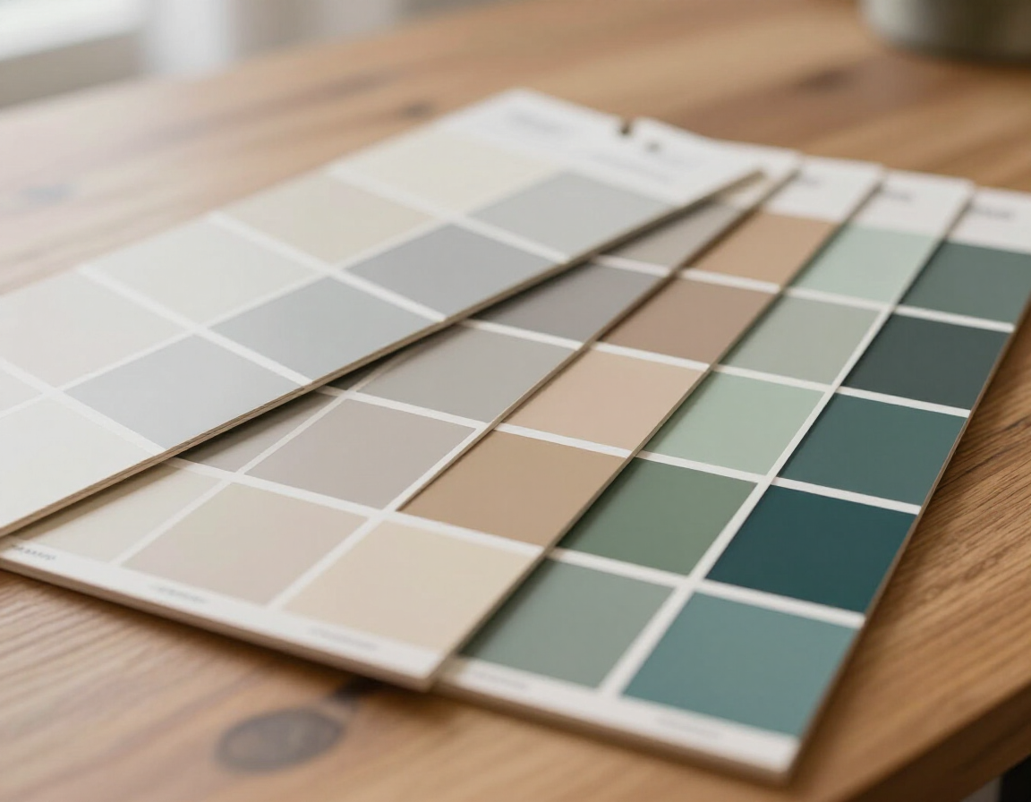 A fan deck of paint swatches in various shades of tan, beige, gray, and green arranged on a wooden table.