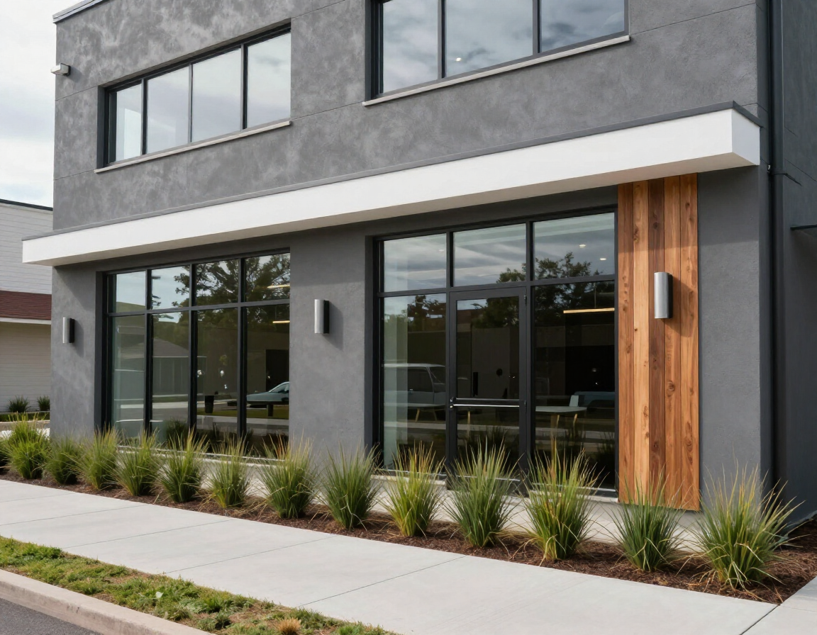 Modern two-story building with dark gray textured facade, large glass windows, and vertical wood accent paneling.