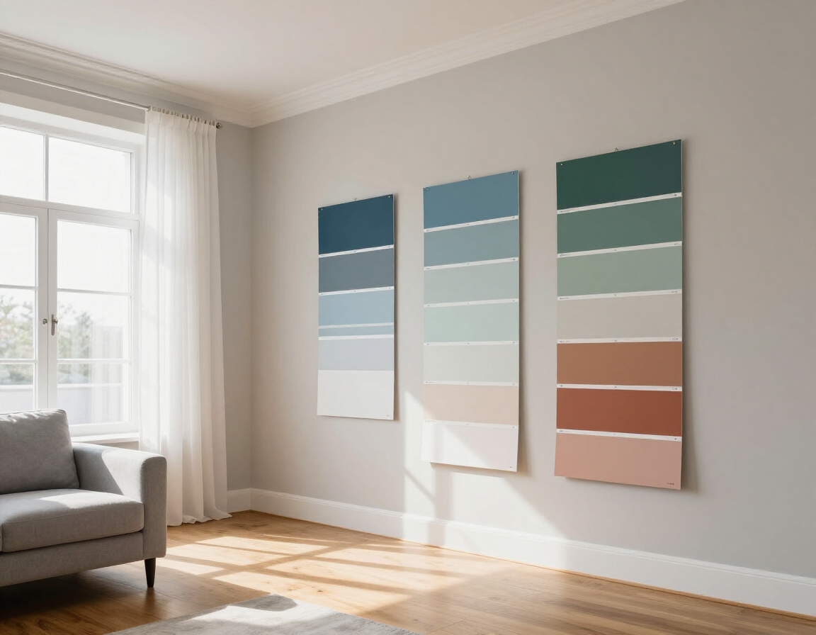 Three large vertical paint swatch panels in blue, sage green, and terracotta tones hanging on a minimalist room wall.