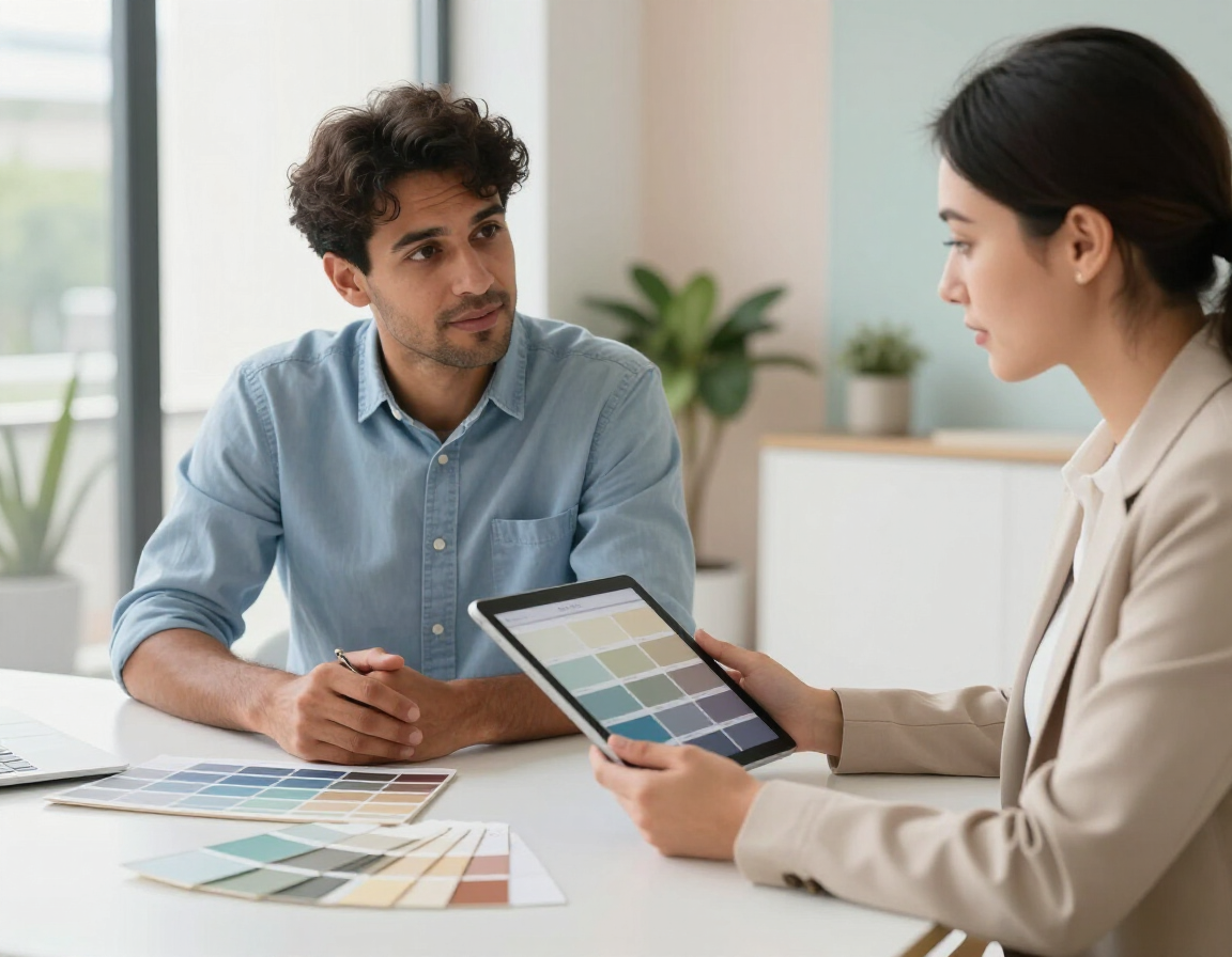 A professional consultation with a person holding a tablet showing color swatches and another person listening intently.