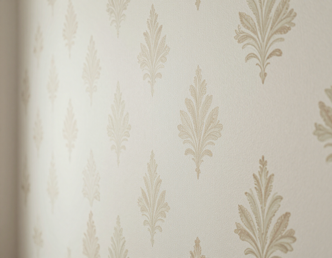 Cream-colored wallpaper featuring a repeating, symmetrical light brown botanical pattern.