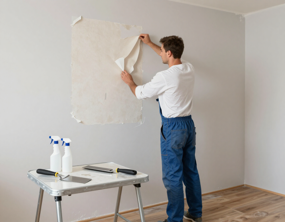A worker in blue overalls carefully applies a piece of wallpaper to a wall, with tools and supplies on a table nearby.