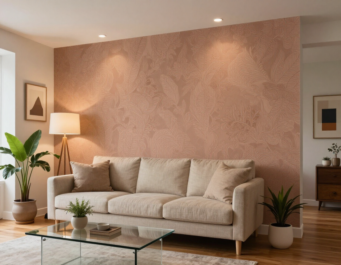 A living room with a textured, terracotta-colored accent wall, a light-colored sofa, a glass coffee table, and plants.