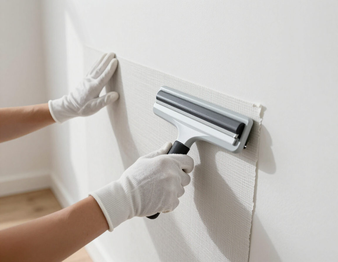Hands wearing white gloves use a seam roller to smooth a strip of textured wallpaper onto a white wall.