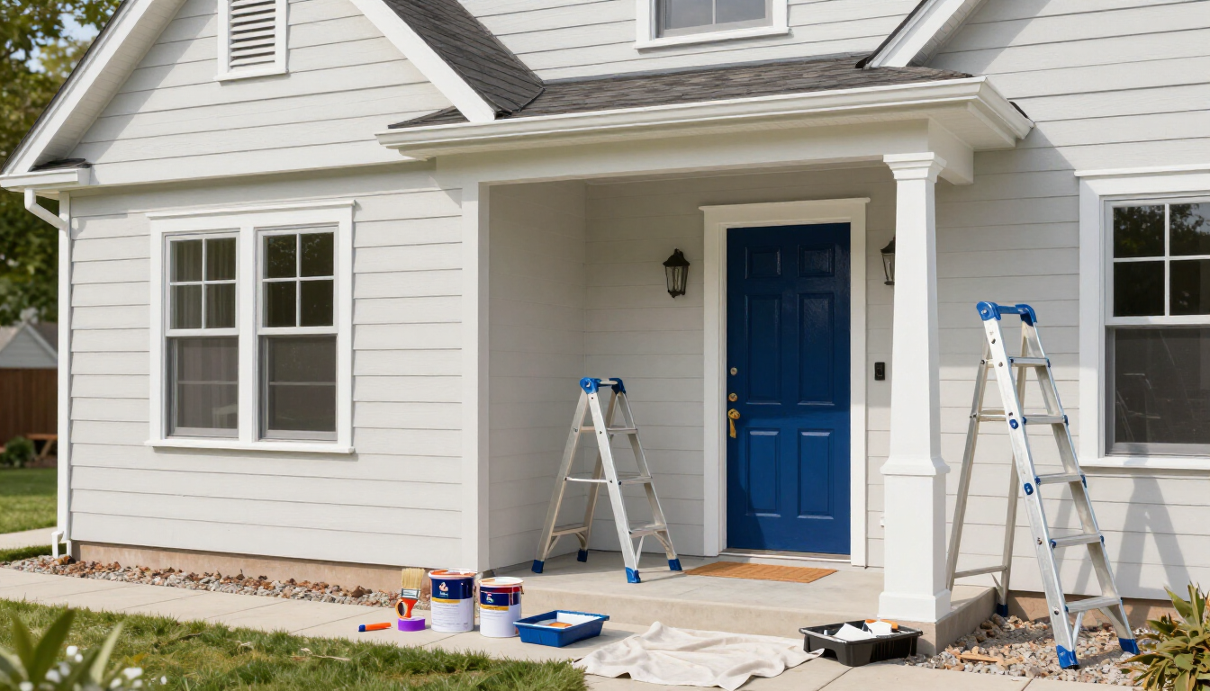 Exterior of a white house with a blue front door, featuring two step ladders and painting supplies on the porch.