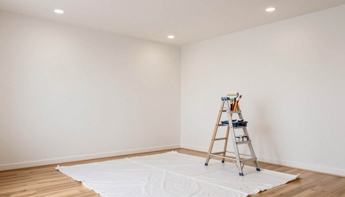 A step ladder holding painting supplies sits on a drop cloth in the corner of a room with white walls and wood flooring.