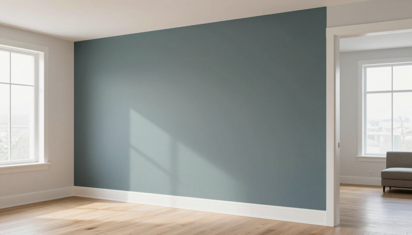 An empty room featuring a large, matte, blue-gray accent wall with wooden floors and white trim.