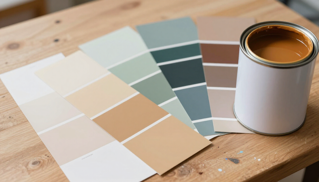 Paint chips in shades of tan, green, and blue arranged on a wooden table next to an open can of tan paint.