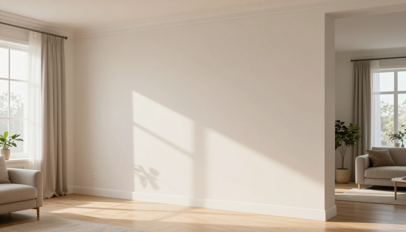 A minimalist, sunlit living room featuring a large blank beige wall, wooden floors, beige curtains, and a sofa.