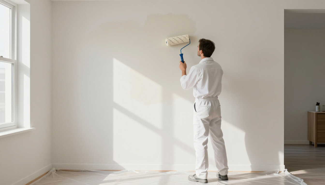 A person dressed in white work clothes paints a plain white wall with a roller in a bright, unfurnished room.