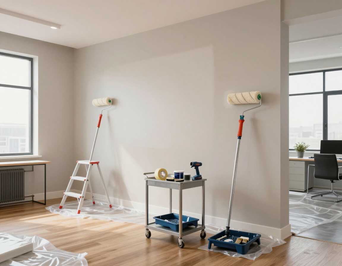 Paint rollers, a step ladder, and a supply cart with paint trays on a drop cloth in a room undergoing a wall renovation.